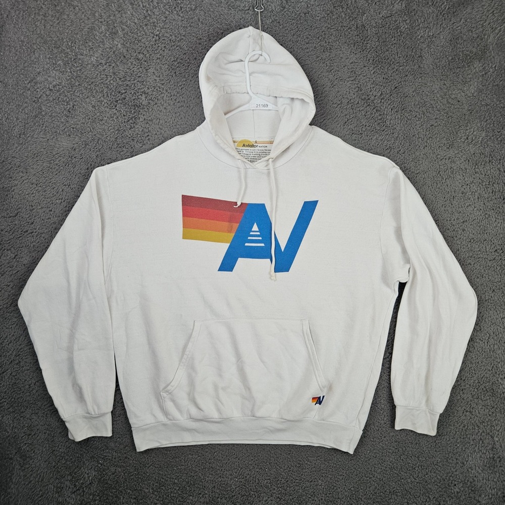 Aviator Nation Size Large White Graphic Logo Pullover Hoodie Retro Surf